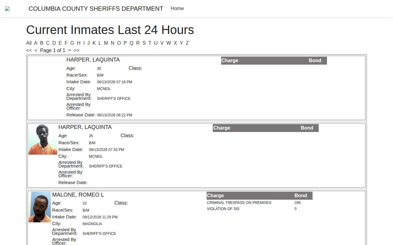 Columbia County recent booking and release record feed