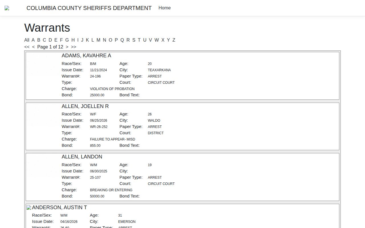 Columbia County official warrant record portal